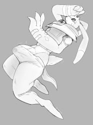 2026 3_fingers absurd_res anthro antylamon bandai_namco barely_contained barely_contained_penis big_hands big_penis biped blush bodily_fluids bottomwear clothed clothing digimon digimon_(species) dime_time69 embarrassed erection erection_under_bottomwear erection_under_clothes fingers fully_clothed fur genital_fluids genitals hi_res humanoid_genitalia humanoid_penis lagomorph long_ears male mammal monochrome pants penis precum precum_through_clothing scarf sholder_pads solo sweat sweatdrop tail tenting topwear vein veiny_penis vest wet wet_clothing