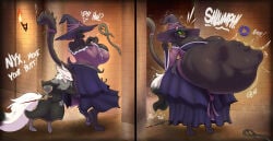 1boy 1girls 2026 absurd_res accidental_vore anal anal_vore anthro asaneman belly big_belly big_breasts big_butt black_body black_fur blush breasts butt canid canine clothed clothing duo english_text felid feline felis female female_pred fox fur furry green_eyes hair hi_res huge_breasts huge_butt larger_female male male_prey mammal mature_female nightreign nyx_(ziravore) original original_characters sammy_(asaneman) size_difference smaller_male tail text unwilling_vore voluptuous vore white_body white_fur