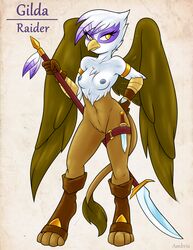 2015 absurd_res ambris anthro anthrofied areola avian breasts brown_feathers casual erect_nipples feathered_wings feathers female friendship_is_magic gilda_(mlp) gryphon hi_res looking_at_viewer melee_weapon my_little_pony nipples nude polearm purple_feathers pussy raider solo spear weapon white_feathers wings yellow_eyes