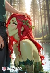 1boy 1girl ai_generated artist_name bare_shoulders belt breasts cleavage day dc_comics fellatio forest from_side green_eyes green_skin hand_on_another's_head hetero large_breasts long_hair looking_up makeup medium_breasts nature naughtygirlsai oral outdoors pants partially_submerged patreon_username penis poison_ivy red_hair runny_makeup saliva shiny_skin solo_focus tears uncensored water wet