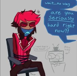 alastor_(hazbin_hotel) boner deer embarrassed fully_clothed hazbin_hotel male vox_(hazbin_hotel)