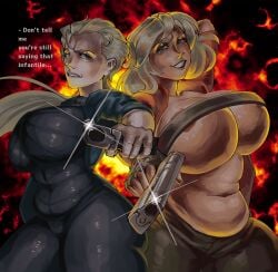 big_ass big_breasts big_butt big_thighs dante_(devil_may_cry) devil_may_cry geminirequiem genderswap genderswap_(mtf) gun huge_breasts huge_butt huge_thighs looking_at_viewer smiling smiling_at_viewer vergil_(devil_may_cry)