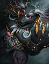 absurd_res anthro antlers balls bane_(identity_v) black_body black_fur branch burning deer duckaphion erection fire forest fur genital_piercing genitals hi_res horn identity_v looking_at_viewer male mammal moose muscular muscular_male new_world_deer nude pecs penis penis_piercing piercing pink_eyes plant solo tree