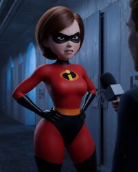 ai_generated annoyed annoyed_expression annoyed_face basement big_ass bodysuit brunette brunette_female brunette_hair confident dark_room elastigirl facility hands_on_hips helen_parr high_heels interview latex mask masked_female meeting microphone milf posing posing_for_the_viewer round_ass superhero superheroine testing_facility the_incredibles thick thick_ass thick_thighs tight_clothes tight_clothing tight_fit underground