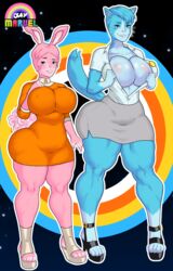 2016 2girls alternate_breast_size anais_watterson anthro areola big_breasts blue_fur blush breasts busty cartoon_network cleavage clothed clothing cute_fang dress feline female female_only footwear fur glans hi_res high_heels huge_breasts jay-marvel long_ears mammal miniskirt mother_and_daughter muscular nicole_watterson nipples open_clothes open_shirt parent pink_fur platform_heels rabbit shirt skirt the_amazing_world_of_gumball thick_thighs voluptuous whiskers