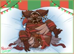 anthro anus aroused avian avian_feet bell bird blush bodily_fluids breasts breath brown_body brown_fur butt canid canine christmas christmas_clothing christmas_headwear clothing cum cum_in_ass cum_in_vagina cum_inside dhuna_(nightlyomens) drooling eyewear feather_hands feathers female fox fox_ears freckled_butt freckles fur genital_fluids glasses hair hair_over_eye hat headgear headwear heart_eyes heart_symbol holidays hood humanoid hybrid lying mammal mistletoe musk nightlyomens on_back orgasm plant presenting pubes pubic_tattoo ribbons saliva santa_hat short_hair small_breasts solo string_lights sweat tattoo wet wings