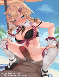 1boy 1girls akai_haato beach big_breasts black_bra black_shoes blush blushing censored cowgirl_position hololive large_penis licking_lips looking_at_viewer mosaic_censoring penis silver_marten_studio vtuber zhao_190