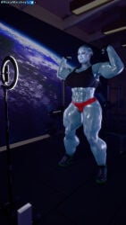 1girl 4k 9:16 abs alien asari athletic blue_skin cellphone facial_markings female flexing flexing_bicep gym large_breasts mass_effect muscular muscular_arms muscular_female muscular_legs nira_(russymacalroy) painted_nails pose posing red_eyes ring_light russymacalroy smiling sports_bra sweat sweaty_body tagme watermark weights workout_clothes