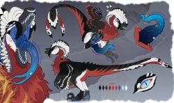 animal_genitalia back_spikes black_body blue_eyes blue_pawpads blue_penis claws cloaca cloacal_penis dinosaur dromaeosaurid eyebrow_piercing facial_piercing feathered_dinosaur feathered_scalie feathers feet feral forked_tongue genital_piercing genitals grey_body hi_res hindpaw knot knotted_penis long_tongue male model_sheet mouth_on_neck mouth_shot nose_piercing open_mouth owishka pawpads paws penis penis_piercing piercing prehistoric_species red_body reference_image reptile saurischian scalie solo spiked_penis spikes spikes_(anatomy) teeth teeth_showing theropod toe_claws tongue tongue_out tongue_piercing white_body
