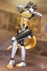 2_penises anthro ear_piercing facial_piercing genitals hi_res joints jojo_pose machine male multi_genitalia multi_penis nariikhan nose_piercing penis piercing robot robot_anthro robotic robotization solo standing translucent translucent_body translucent_tail