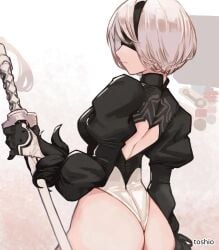 1girls 2d 2d_(artwork) 2d_artwork ass ass_cleavage ass_crack back black_gloves blade blindfold blindfolded blindfolded_female breasts butt digital digital_art digital_drawing digital_drawing_(artwork) digital_media digital_media_(artwork) drawing female female_focus female_only gloves katana lean_figure median_furrow medium_breasts narrow_waist nier nier:_automata profile short_hair shoulders sideboob simple_background slender_body slender_waist slim_female slim_waist solo standing sword thick_ass thick_butt toshio upper_body weapon white-haired_female white_background white_hair wide_hips yorha_2b