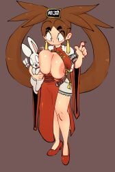 1girls arc_system_works ass breast_expansion brown_eyes brown_hair crop_top female guilty_gear guilty_gear_strive hair_ornament heels jellot kuradoberi_jam navel nipples open_mouth panties skirt standing thick_thighs thighs upskirt very_long_hair