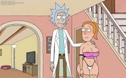 1boy 1girl areola_slip blue_hair blush breasts cigarette cleavage clothing consanguinity female fishnet_gloves fishnet_thighhighs fishnets hand_on_another's_shoulder hetero highleg highleg_panties indoors lab_coat large_breasts navel old orange_hair panties pants patreon_username ponytail rick_and_morty rick_sanchez shirt short_hair smile smoking spiked_hair standing steca strapless stubble summer_smith television thelazyart thighhighs tube_top underwear web_address white_panties