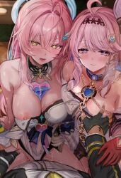 1boy 2girls absurdres aemeath_(wuthering_waves) ahoge black_gloves blush breasts breath chain cleavage closed_mouth clothing_aside commentary_request commission denia_(wuthering_waves) dress efuri_(riarea00) ffm_threesome fingerless_gloves gloves grabbing_another's_breast groping group_sex hair_between_eyes hair_intakes hair_ornament highres leotard leotard_aside long_hair looking_at_viewer male_rover_(perpetual_spark)_(wuthering_waves) male_rover_(wuthering_waves) medium_breasts multiple_girls nipples open_mouth paid_reward_available pink_hair pov purple_eyes red_gloves rover_(wuthering_waves) sex smile tacet_mark_(wuthering_waves) threesome white_dress white_leotard wuthering_waves