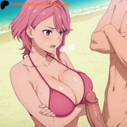 1boy 1boy1girl 1female 1girl 1girls absurd_res ai_generated aimitsuki beach big_breasts crossed_arms dandadan female female_focus hi_res high_quality high_resolution highres huge_breasts huge_cock looking_at_another looking_at_penis massive_breasts pink_eyes pink_hair precum precum_drip precum_on_penis shiratori_aira_(dandadan) startled unseen_male_face veiny_penis