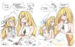 2girls blonde_hair breasts dinner drawfag dress embarrassed english_text lillie_(pokemon) long_hair looking_at_another lusamine_(pokemon) mother_and_daughter nipples pokemon pokemon_sun_and_moon simple_background yuri