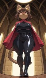 1female 1girls ai_generated big_breasts black_bodysuit breasts brown_fur brown_hair cape cat_ears cat_tail catgirl cosplay female female_focus female_only from_below gameoverse goggles goggles_on_head hips hips_wider_than_shoulders holding_arm holding_own_arm hollow_knight:_silksong hollow_knight_(franchise) hornet_(hollow_knight)_(cosplay) hourglass_figure hourglass_figured_female kit_(gameoverse) kit_bodega latex latex_bodysuit latex_clothing latex_skinsuit latex_suit looking_up pixai red_cape red_eyes short_hair slim slim_female slim_girl slim_waist solo solo_female solo_focus tail thick_thighs thighs urikoito walking whiskers wide_hips yellow_sclera