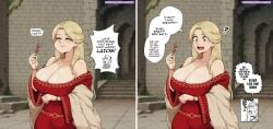 2girls ? after_transformation armband armbands bare_shoulders blonde_hair breasts_bigger_than_head cleavage clothed clothed_female clothing delicious_in_dungeon dress dungeon dungeon_background dungeon_meshi eating eating_food english english_text female female_only food genderswap genderswap_(mtf) holding_food huge_breasts implied_transformation laios_touden large_breasts light-skinned_female light_skin light_skinned_female long_hair marcille_donato mtf_transformation post-transformation post_transformation red_dress rule_63 shocked shocked_expression shocked_eyes shocked_face speech_bubble text text_bubble themightfenek transformation yellow_eyes