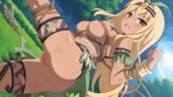 absurdres areola_slip areolae bare_shoulders blonde_hair blush breasts brown_eyes dutch_angle female game_cg grass highres jewelry large_breasts long_hair necklace open_mouth pussy sakura_dungeon sky solo thigh_strap torn_clothes tree tribal tribeswoman wanaca winged_cloud