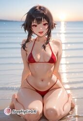 1girl ai_generated bare_shoulders barefoot beach bikini breasts brown_hair collarbone kono_subarashii_sekai_ni_shukufuku_wo! konosuba looking_at_viewer megumin naughtygirlsai navel ocean open_mouth outdoors red_bikini red_eyes short_hair short_hair_with_long_locks sidelocks sitting skindentation small_breasts smile solo stomach swimsuit thighs wariza water wet witch_hat