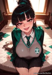 1girl 2026 ai_generated anime bangs bed black_hair blunt_bangs blush boobs breasts brown_eyes cleavage covered_nipples crossover eve_(stellar_blade) eye_contact female female_focus flushed green_necktie highres huge_breasts indoors inside jacket large_breasts long_hair looking_at_viewer moaning necktie nsfw on_bed open_mouth patreon patreon_username pillow pleated_skirt ponytail rognezart saliva school_uniform shift_up sitting skirt smile smiling solo stellar_blade teeth very_long_hair