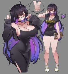 bangs belly_button_visible_through_clothing big_breasts black_and_purple_hair book busty busty_female curvy curvy_female dress girlfailure glasses goddess_of_victory:_nikke hair_over_one_eye holding_hands label_(nikke) long_hair long_legs loser multicolored_hair nirvana_(band) shirt short_shorts thought_bubble ti_keep wide_hips
