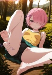 1girl ai ai-created ai_art ai_generated anime anime_character anime_girl anime_style barefoot day feet feet_fetish flower forest grabbing_own_ass hair_over_one_eye hentai legs looking_at_viewer lying lying_on_back miniskirt nature on_ground outdoors outside panties pink_eyes presenting ram_(re:zero) re:zero_kara_hajimeru_isekai_seikatsu short_hair small_breasts smile solo spread_legs tank_top tree x_hair_ornament