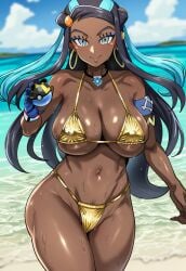 ai_generated armband beach bikini blue_eyes blurry_background breasts_bigger_than_head cameltoe closed_mouth collarbone covered_nipples dark-skinned_female dark_skin gold_bikini groin hips hoop_earrings long_hair looking_at_viewer micro_bikini naidoru navel necklace nessa_(pokemon) ocean pokeball pokemon pokemon_swsh pussy_peek smile sweat wide wristband