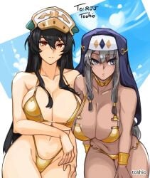 2d 2d_(artwork) 2d_artwork 2girls adult adult_female almost_naked almost_nude arm_under_breast arm_under_breasts baddie bare_arms bare_belly bare_chest bare_hands bare_hips bare_legs bare_midriff bare_navel bare_shoulders bare_skin bare_thighs belly belly_button bent_forward bent_over bewitching_thighs big_boobs big_breasts bikini bikini_bottom bikini_only bikini_top black-haired_female black_hair blue-eyed_female blue_eyes blue_sky breast_press breast_press_on_chest breast_squeeze breasts breasts_press breasts_pressed_against_another breasts_pressed_together brown-skinned_female brown_skin brown_skinned_female busty busty_female busty_girl cap child_bearing_hips cleavage clouds collarbone curvaceous curvaceous_body curvaceous_female curvaceous_figure curvaceous_hips curvy curvy_body curvy_female curvy_figure curvy_hips dark_hair day daylight daytime digital digital_art digital_drawing digital_drawing_(artwork) digital_media digital_media_(artwork) drawing duo elbows exposed exposed_arms exposed_belly exposed_chest exposed_hips exposed_legs exposed_midriff exposed_navel exposed_shoulders exposed_skin exposed_thighs eyebrows_visible_through_hair female female_focus female_only fertile fertile_hips fingers frenci_mastibolt gold_bikini gold_bikini_bottom gold_bikini_top gold_swimsuit gold_swimwear grey-haired_female grey_hair groin hair_between_eyes halterneck hand_on_leg hand_on_own_leg hand_on_own_thigh hand_on_thigh hourglass_figure huge_boobs huge_breasts inguinal_crease inguinal_ligament kivia_patausche large_boobs large_breasts lascivious lean_figure leaning leaning_forward legs_closed legs_together long_hair looking_at_viewer mature mature_female mature_woman midriff mostly_nude multiple_females multiple_girls naked naked_female naked_woman narrow_waist navel nearly_nude nude nude_female nudity outdoor outdoor_background outdoor_nudity outdoors outside plump_breasts practically_nude pressing_breast_on_partner pressing_breasts pressing_breasts_together pushing_breasts_together pushing_breasts_up red-eyed_female red_eyes rubbing_breasts shoulders sidelocks simple_background sky slender_body slender_waist slim_female slim_waist squeezing_breast squeezing_breasts squeezing_breasts_together standing string_bikini swimsuit swimwear thick_thighs thighs thighs_together toshio touching_leg touching_thigh upper_body veil voluptuous voluptuous_body voluptuous_female voluptuous_figure voluptuous_woman white_background wide_hips woman yuushakei_ni_shosu