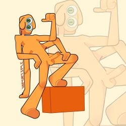 3_fingers alien fingers green_eyes hi_res horizontal_eyes horizontal_pupils humanoid male orange_body orange_skin pupils skinny smug solo standing standing_on_box vaportiple
