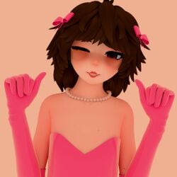 bows brown_hair evil_morgundy_(morgundy) femboy gloves gray_eyes heels latex latex_dress latex_gloves morgundy_(artist) pink_eyes pink_latex pink_lipstick pumps
