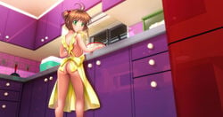 1girls absurdres apron ass blush breasts brown_hair cardcaptor_sakura female green_eyes highres human indoors kitchen light-skinned_female light_skin looking_at_viewer mutsuki_(moonknives) naked_apron sakura_kinomoto short_hair small_breasts solo young