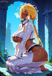 1girl ai_generated arzagod big_breasts bleach blonde_hair blush clothing dark-skinned_female dark_skin green_eyes hair_between_eyes jacket large_breasts long_hair perfect_legs sweat tagme thick_thighs tier_harribel