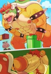 1boy abs ambiguous_gender anthro anthro_focus anthro_on_feral armband balls bara barazoku bestiality big_balls big_muscles big_penis bodily_fluids bowser bracelet collar comic duo elemental_creature erection eyebrows feral flora_fauna furry furry_male gay genitals glans goomba hair horns humanoid_genitalia humanoid_penis jewelry keidoro_kemono koopa licking male male_focus male_nipples mario_(series) muscular muscular_anthro muscular_male nintendo nipples oral pecs penile penis penis_lick piranha_plant plant pubes red_hair reptile scales scalie sex sharp_teeth solo_focus spiked_armband spiked_bracelet spiked_collar spikes sweat teeth tongue vein veiny_penis warp_pipe yaoi yellow_body yellow_scales