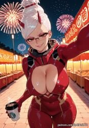 1girl 2026 ai_generated anime ayase_seiko bodysuit boobs breasts brown_eyes cleavage cleavage_cutout clothing_cutout coffee_cup covered_navel covered_nipples crossover cup dandadan demon_horns disposable_cup earrings eye_contact female female_focus fireworks glasses hair_bun highres holding holding_cup hoop_earrings horns huge_breasts jewelry large_breasts lips looking_at_viewer night night_sky nsfw outdoors parted_lips patreon red_bodysuit rognezart single_hair_bun skin_tight sky smile smiling solo white_hair