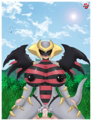 1boy 1girls 2019 adriana_(unknown6505) anthro areolae big_breasts black_sclera clawed_fingers cowgirl_position cum cum_in_pussy cum_inside dated detailed_background female female_focus generation_4_pokemon giratina hi_res huge_breasts human human_on_anthro legendary_pokemon looking_at_viewer male nintendo nipples non-mammal_breasts open_mouth outdoor_sex outdoors penetration penis pokemon pokemon_(species) pokephilia pussy red_eyes sex shinn smiling smiling_at_viewer tail thick_thighs vaginal_penetration wings