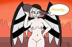 1girl 1girls 4_fingers angel angel_girl angel_wings arm_on_hip belly_button big_breasts black_lips blind_peacock_draws blind_peacock_draws_(artist) breasts desert desert_background dress_only exorcist_(hazbin_hotel) eyes_half_open feathered_dress feathered_wings feathers female female_only greeting greeting_viewer hat hat_only hazbin_hotel hazbin_hotel_oc holding_hat logo medium_breasts miriam_(blindpeacockdraws) naked naked_female nipples nude nude_female nudity original original_art original_artwork original_character outside pussy pussy_lips pussy_peek short_hair smile smiling smiling_at_viewer speech speech_bubble spreading_wings tagme text text_bubble watermark white_body white_hair white_skin wings wings_folded wings_open yellow_eyes