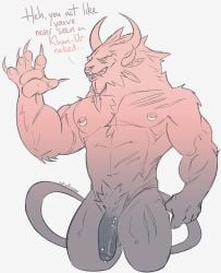 2021 4_ears 4_horns 5_fingers absurd_res anthro balls beard beard_ponytail big_claws charr claws english_text facial_hair facial_piercing felid fingers fur genital_piercing genitals guild_wars half-erect hi_res horn looking_at_viewer male mammal monochrome multi_ear multi_horn muscular muscular_anthro muscular_male nipple_piercing nipples nose_piercing nose_ring nude pawpads penis penis_piercing piercing redcatmander ring_piercing scar sharp_teeth smile smodur_the_unflinching solo standing tail teeth text