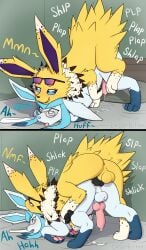 absurd_res anal anus balls bed bedroom bodily_fluids butt comic cum cum_in_ass cum_inside cumshot doggystyle duo eeveelution ejaculation eyewear feral from_behind_position furniture generation_1_pokemon generation_4_pokemon genital_fluids genitals glaceon glasses hi_res jolteon laserkitten male male/male nintendo pawpads paws pokemon pokemon_(species) sex