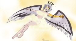 background censored_nipples censored_pussy clouds erotic female female_focus flying gold_eyes golden_eyes gray_hair hazbin_hotel hazbin_hotel_(season_2) lute_(hazbin_hotel) normal_breasts nude_female white_hair