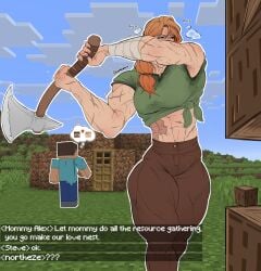 alex_(minecraft) axe muscle_mommy muscular muscular_arms muscular_female muscular_legs muscular_thighs northeze scars steve_(minecraft)
