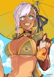 1girls 2d 2d_(artwork) 2d_artwork adult adult_female arm_behind_back bare_belly bare_chest bare_midriff bare_navel bare_skin belly belly_button big_boobs big_breasts bikini bikini_top black_choker blue-eyed_female blue_eyes blue_sky breasts brown-skinned_female brown_skin brown_skinned_female busty busty_female busty_girl choker clouds collarbone day daylight daytime digital digital_art digital_drawing digital_drawing_(artwork) digital_media digital_media_(artwork) drawing exposed_belly exposed_chest exposed_midriff exposed_navel exposed_skin fate/grand_order fate_(series) female female_focus female_only fingernails fingers fit_female green_bikini green_bikini_top green_swimsuit green_swimwear grin grinning grinning_at_viewer halterneck hand_behind_back inframammary_fold large_boobs large_breasts lean_figure linea_alba long_hair looking_at_viewer looking_down looking_down_at_viewer mature mature_female mature_woman midriff miyamoto_musashi_(fate) narrow_waist navel offering_drink outdoor outdoor_background outdoor_nudity outdoors outside parasol parted_lips sky slender_body slender_waist slim_female slim_waist smile smiley_face smiling smiling_at_viewer solo stomach swimsuit swimwear toshio underboob upper_body white-haired_female white_hair white_pupils woman