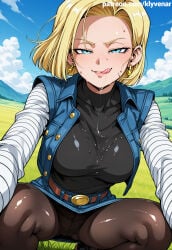1girl 1girls after_fellatio ai ai-created ai_art ai_assisted ai_generated android_18 blonde_hair blue_eyes boobs breasts dragon_ball dragon_ball_super dragon_ball_z female klyvenar licking licking_lips looking_at_viewer outdoors saliva short_hair squatting teasing tits