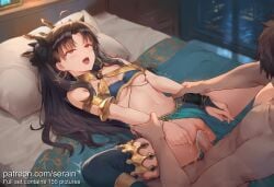 1boy 1girl 2026 ahegao ai_generated arm_grab armlet asymmetrical_legwear asymmetrical_sleeves bare_shoulders bed bed_sheet black_hair blush breasts bridal_gauntlets brown_hair censored clothed_female_nude_male clothed_sex clothing_aside crown cum cum_in_pussy earrings ejaculation fate_(series) hair_ribbon hetero highres hoop_earrings indoors ishtar_(fate) jewelry long_hair long_legs lying medium_breasts missionary mosaic_censoring navel neck_ring nsfw nude on_back on_bed open_mouth panties_aside parted_bangs pelvic_curtain penis pillow pussy red_eyes ribbon rolling_eyes saliva serain sex single_detached_sleeve single_thighhigh small_breasts solo_focus spread_legs tears thighhighs thighlet tiara tongue tongue_out two_side_up uncensored uneven_legwear uneven_sleeves vaginal