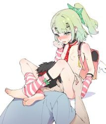 1boy 1girl age_difference angels_of_delusion arm_warmers backpack bag barefoot black_choker black_hair blush breasts choker clenched_hand commentary_request cunnilingus green_eyes green_hair hair_ornament hairclip hetero highres invisible_floor leg_lock leg_warmers looking_at_another medium_hair necktie nipples open_mouth oral pink_arm_warmers pink_leg_warmers ponytail red_necktie shirt short_hair simple_background small_breasts spread_legs striped_arm_warmers striped_leg_warmers sunna_(zenless_zone_zero) toes two-tone_leg_warmers white_background yongchutafei younger_female zenless_zone_zero