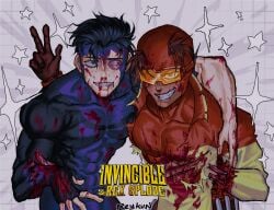 2boys amputee arm_around_shoulder artist_name black_bodysuit black_hair blood blood_on_clothes blood_on_face blue_bodysuit bodysuit broken_arm brown_hair bruise bruised_eye character_name commentary cuts english_commentary exposed_bone fingerless_gloves gloves goggles grin guro highres injury invincible_(character) invincible_(series) looking_at_viewer male_focus mark_grayson multicolored_bodysuit multiple_boys red_bodysuit rex_splode_(invincible) reykun short_hair side-by-side smile star_(symbol) superhero_costume upper_body w yellow_bodysuit