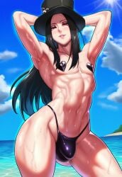 1boy ai_generated androgynous armpits arms_behind_head beach black_hair blue_sky bulge exhibitionism femboy girly guilty_gear guilty_gear_strive highleg_thong long_hair muscular navel outdoors pasties shiny_skin showing_off sissy swimwear testament_(guilty_gear) toned top_hat trap water wet_skin wide_hips