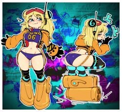 1girl 2d 2d_(artwork) ass big_ass blonde_hair boots clothed female female_focus female_only futuristic_clothing gluteal_fold jacket jellot leggings legwear light_skin no_pants one_piece solo spread_arms tagme thick_thighs vegapunk_york yellow_boots