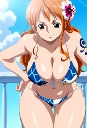 1girls ai_generated big_breasts bikini breasts brown_eyes cleavage cloud day earrings female female_only hand_on_hip jewelry large_breasts leaning_forward long_hair looking_at_viewer nami_(one_piece) navel one_piece orange_hair side-tie_bikini sky smile solo swimsuit tattoo thigh_gap