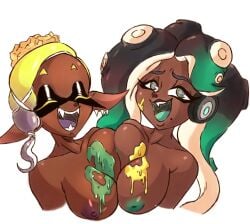 2022 2d 2girls breast_press breasts breasts_pressed_together closed_eyes color dark-skinned_female dark_skin duo female female_only frye_(splatoon) green_nipples headphones inkling looking_at_viewer marina_(splatoon) nipples octoling open_mouth open_smile paint paint_on_body paint_on_breasts pointy_ears princesskari purple_nipples sharp_teeth splatoon splatoon_(series) splatoon_2 splatoon_3 symmetrical_docking tentacle_hair